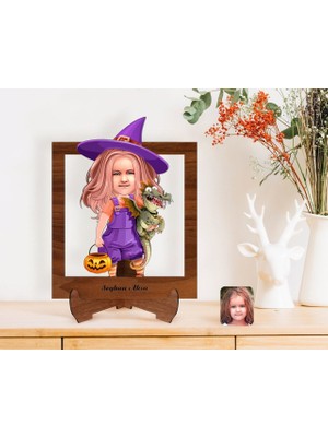 BK Gift Kişiye Özel Küçük Cadı Karikatürlü Ahşap Standlı 3D Biblo-1