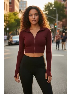 Hace Bazaar Bordo Dik Yaka Fermuarlı Uzun Kollu Parmak Geçmeli Crop Top Spor Bluz