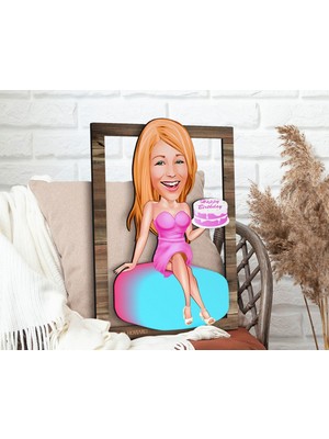 Bk Gift Kişiye Özel Kadın Doğum Günü Karikatürlü 3D Ahşap Tablo, Sevgiliye Hediye, Arkadaşa Hediye, Yıl Dönümü Hediyesi, Doğum Günü Hediyesi-2
