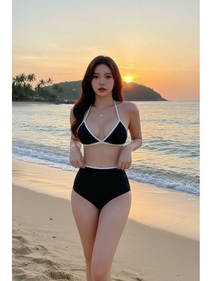 Hace Bazaar Siyah Beyaz Kaşkorse Kumaş Yüksek Bel Bikini Takımı Esnek Rahat Kesim Yazlık Kadın Mayo Seti