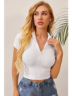 Hace Bazaar Kadın Beyaz Yarım Fermuarlı ve Kısa Kollu Crop Top Bluz