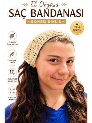 Neholia Kadın El Örgüsü Saç Bandanası Bohem Bone Yazlık Bandana Saç Aksesuarı Krem Renk