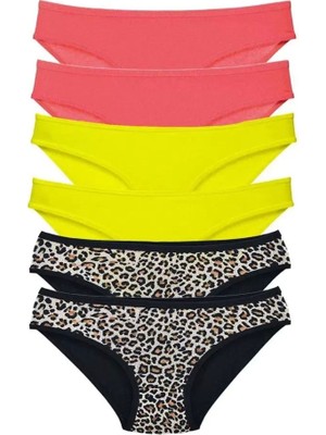 Hace Bazaar 6 Adet Likralı Kadın Slip Külot Leopar Fuşya Sarı