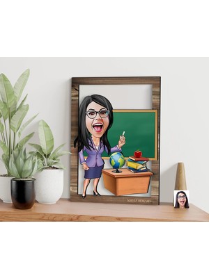 Bk Gift Kişiye Özel Kadın Öğretmen Karikatürlü 3D Ahşap Tablo, Sevgiliye Hediye, Arkadaşa Hediye, Yıl Dönümü Hediyesi, Doğum Günü Hediyesi-1