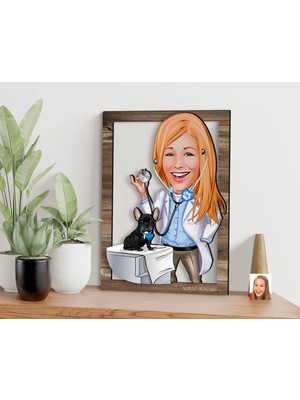 Bk Gift Kişiye Özel Kadın Veteriner Hekim Karikatürlü 3D Ahşap Tablo, Sevgiliye Hediye, Arkadaşa Hediye, Yıl Dönümü Hediyesi, Doğum Günü Hediyesi-1