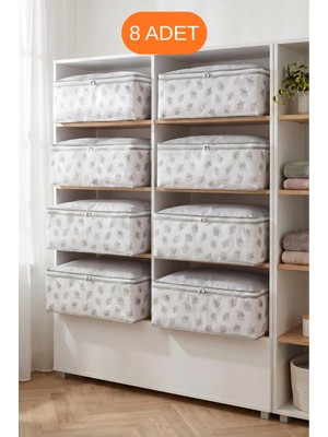 Evsella 8'li Set -  Çiçekli Beyaz Büyük Boy Baza Altı & Çekyat Altı Hurç (60 x 40 x 22 Cm)