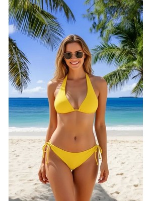 Hace Bazaar Sarı Üçgen Kesim Bağlamalı Bikini Takımı Ayarlanabilir Ipli Alt Üst Esnek Rahat Kadın Mayo