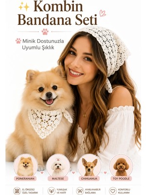 Neholia Kadın & Köpek Kombin El Örgüsü Minik Dost Bandana Seti Ayarlanabilir Evcil Hayvan Sahip Kombini Bohem Tasarım