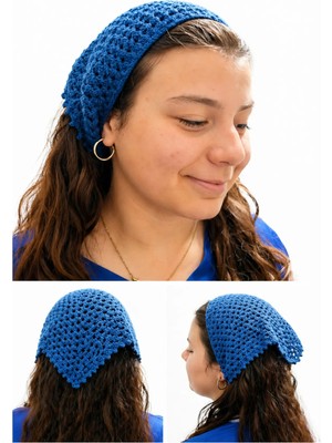 Neholia Kadın El Örgüsü Saç Bandanası Bohem Bone Yazlık Kombin Bandana Saç Aksesuarı Mavi Renk