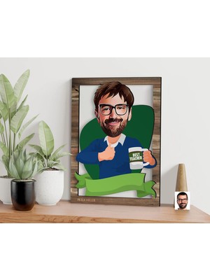 Bk Gift Kişiye Özel Erkek Öğretmen Karikatürlü 3D Ahşap Tablo, Sevgiliye Hediye, Arkadaşa Hediye, Yıl Dönümü Hediyesi, Doğum Günü Hediyesi-5