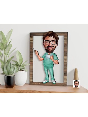 Bk Gift Kişiye Özel Cerrah Karikatürlü 3D Ahşap Tablo, Sevgiliye Hediye, Arkadaşa Hediye, Yıl Dönümü Hediyesi, Doğum Günü Hediyesi-1