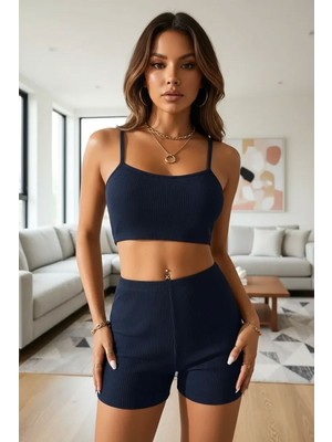 Hace Bazaar Kadın Lacivert Kaşkorse Şortlu Crop Atlet Takım Esnek Kumaş Yüksek Bel