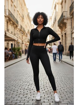 Hace Bazaar Kadın Siyah Dik Yaka Fermuarlı Uzun Kollu Parmak Geçmeli Crop Top Spor Bluz