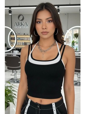 Pileli Store Kadın Siyah Beyaz Çift Renk Çapraz Askılı Crop Top Bluz Şık Esnek