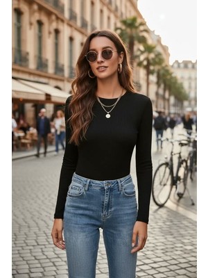 Hace Bazaar Kadın Siyah Soft Basic Uzun Kol Crop Top Bluz Premium Stil