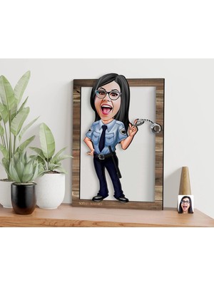 Bk Gift Kişiye Özel Kadın Polis Karikatürlü 3D Ahşap Tablo, Sevgiliye Hediye, Arkadaşa Hediye, Yıl Dönümü Hediyesi, Doğum Günü Hediyesi-1