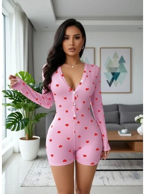 İlk El Grup Ieg™ Kadın Pembe Kalp Desenli Zarif Pijama Tulumu Özel Tasarım