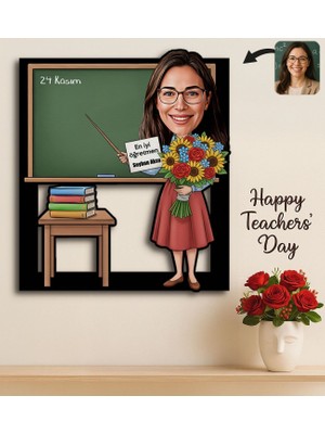 Bk Gift Kişiye Özel Kadın Öğretmen Karikatürlü 3D Ahşap Tablo -5, Öğretmene Hediye, Öğretmenler Günü Hediyesi