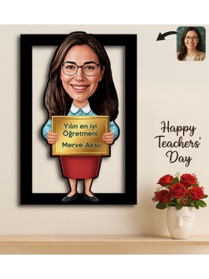 Bk Gift Kişiye Özel Kadın Öğretmen Karikatürlü 3D Ahşap Tablo -4, Öğretmene Hediye, Öğretmenler Günü Hediyesi