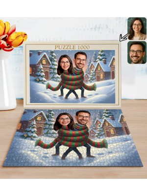 Bk Gift Kişiye Özel Sevgili Yılbaşı Karikatür Tasarımlı 1000 Parça Profesyonel Puzzle-11, 1000 Puzzle, Yeni Yıl Hediyesi, Yılbaşı Hediyesi