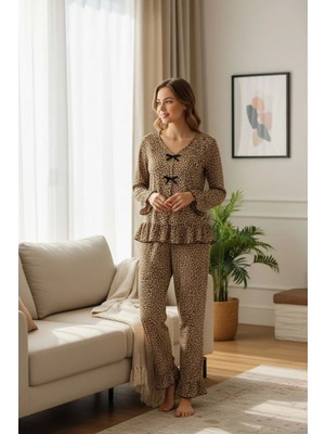 İlk El Grup Ieg™ Kadın Leopar Desenli Fiyonk Detaylı Uzun Kollu Ev Giyim Pijama Takımı Premium Homewear