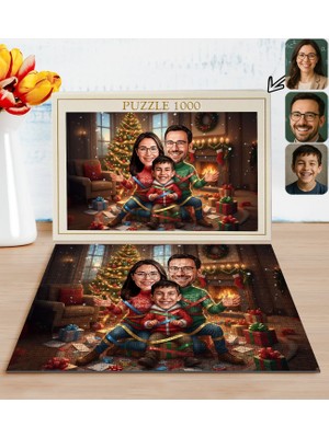 Bk Gift Kişiye Özel Aile Yılbaşı Karikatür Tasarımlı 1000 Parça Profesyonel Puzzle-2, 1000 Puzzle, Yeni Yıl Hediyesi, Yılbaşı Hediyesi