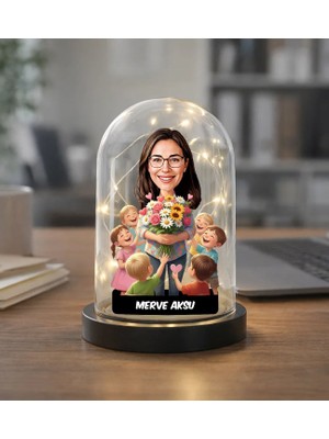 Bk Gift Kişiye Özel Kadın Öğretmen Tasarımlı Karikatür LED Işıklı Cam Fanus Biblo -1, Öğretmene Hediye, Öğretmenler Günü Hediyesi