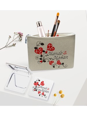 Bk Gift Kişiye Özel Keten Makyaj Çantası ve Ayna Seti, Sevgiliye Hediye, Sevgililer Günü Hediyesi, Doğum Günü Hediyesi-8