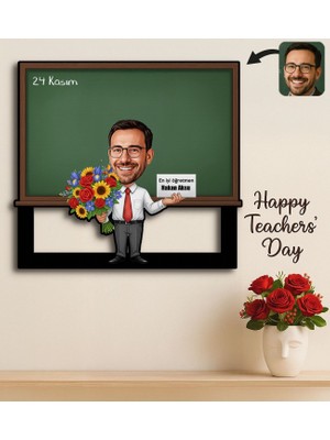 Bk Gift Kişiye Özel Erkek Öğretmen Karikatürlü 3D Ahşap Tablo -8, Öğretmene Hediye, Öğretmenler Günü Hediyesi
