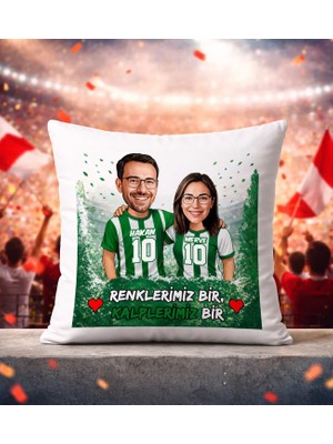 Bk Gift Kişiye Özel Isimli Yeşil-Beyaz Sevgili Karikatürlü Beyaz Kırlent Yastık - Doğum Günü Hediyesi, Taraftar Hediyesi