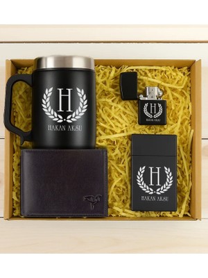 Bk Gift Kişiye Özel Isimli Garbalia Jackson Hakiki Deri Cüzdan & Termos Mug & Sigara Kutusu & Çakmak Hediye Seti-1 | Babalar Günü Hediyesi, Erkeklere Özel Hediye