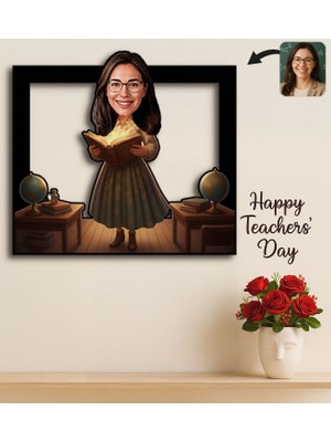 Bk Gift Kişiye Özel Kadın Öğretmen Karikatürlü 3D Ahşap Tablo -19, Öğretmene Hediye, Öğretmenler Günü Hediyesi