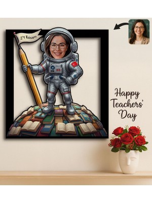 Bk Gift Kişiye Özel Kadın Öğretmen Karikatürlü 3D Ahşap Tablo -21, Öğretmene Hediye, Öğretmenler Günü Hediyesi