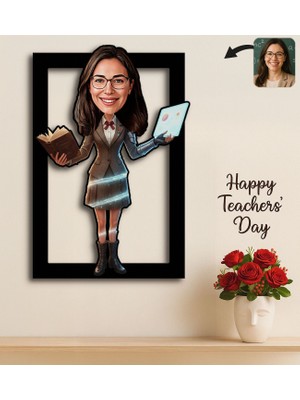 Bk Gift Kişiye Özel Kadın Öğretmen Karikatürlü 3D Ahşap Tablo -22, Öğretmene Hediye, Öğretmenler Günü Hediyesi