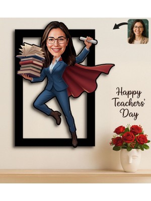 Bk Gift Kişiye Özel Kadın Öğretmen Karikatürlü 3D Ahşap Tablo -9, Öğretmene Hediye, Öğretmenler Günü Hediyesi