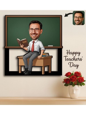 Bk Gift Kişiye Özel Erkek Öğretmen Karikatürlü 3D Ahşap Tablo -9, Öğretmene Hediye, Öğretmenler Günü Hediyesi