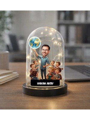 Bk Gift Kişiye Özel Erkek Öğretmen Tasarımlı Karikatür LED Işıklı Cam Fanus Biblo -1, Öğretmene Hediye, Öğretmenler Günü Hediyesi