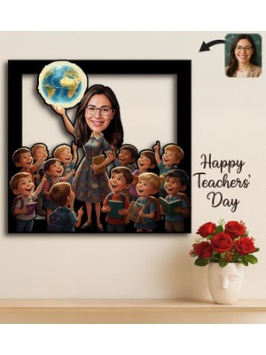 Bk Gift Kişiye Özel Kadın Öğretmen Karikatürlü 3D Ahşap Tablo -17, Öğretmene Hediye, Öğretmenler Günü Hediyesi