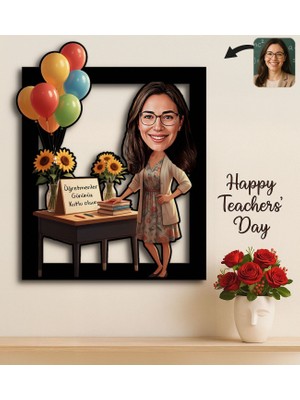 Bk Gift Kişiye Özel Kadın Öğretmen Karikatürlü 3D Ahşap Tablo -18, Öğretmene Hediye, Öğretmenler Günü Hediyesi