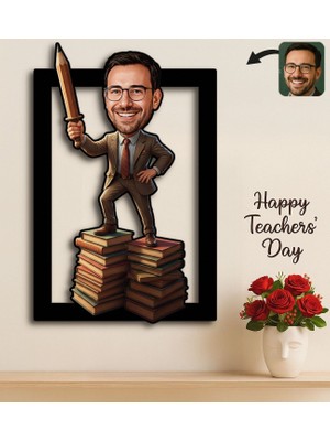 Bk Gift Kişiye Özel Erkek Öğretmen Karikatürlü 3D Ahşap Tablo -22, Öğretmene Hediye, Öğretmenler Günü Hediyesi