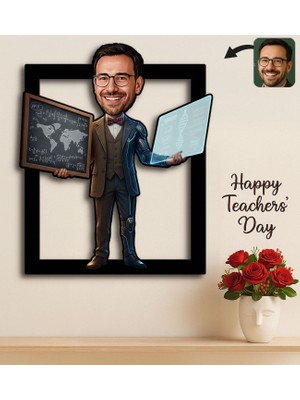 Bk Gift Kişiye Özel Erkek Öğretmen Karikatürlü 3D Ahşap Tablo -23, Öğretmene Hediye, Öğretmenler Günü Hediyesi