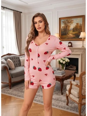 İlk El Grup Ieg™ Kadın Pembe Çilek Desenli Pijama Tulumu Yumuşak Rahat Ev Giyimi Şık Özel Tasarım