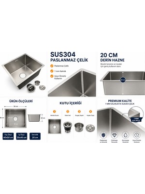 Compact 40X50 cm Inox Mutfak Evyesi – SUS304 Paslanmaz Çelik | 1 mm Kalınlık | 20 cm Derin Hazne
