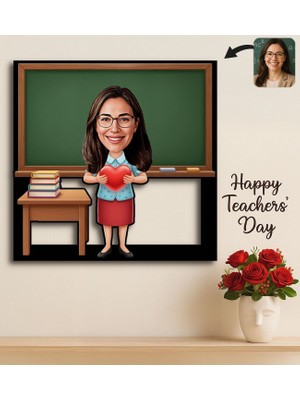 Bk Gift Kişiye Özel Kadın Öğretmen Karikatürlü 3D Ahşap Tablo -7, Öğretmene Hediye, Öğretmenler Günü Hediyesi