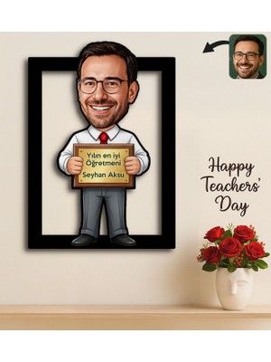 Bk Gift Kişiye Özel Erkek Öğretmen Karikatürlü 3D Ahşap Tablo -5, Öğretmene Hediye, Öğretmenler Günü Hediyesi