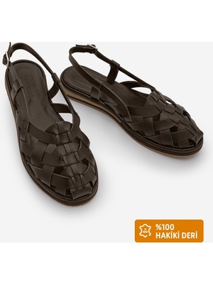 Marjin Kadın Hakiki Deri Şeritli Arkadan Bantlı Günlük Sandalet Zagolin Kahve