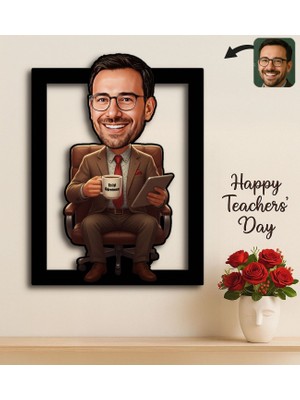 Bk Gift Kişiye Özel Erkek Öğretmen Karikatürlü 3D Ahşap Tablo -14, Öğretmene Hediye, Öğretmenler Günü Hediyesi
