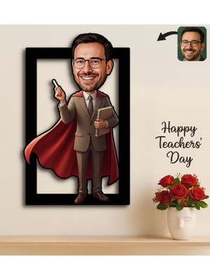 Bk Gift Kişiye Özel Erkek Öğretmen Karikatürlü 3D Ahşap Tablo -13, Öğretmene Hediye, Öğretmenler Günü Hediyesi