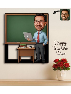 Bk Gift Kişiye Özel Erkek Öğretmen Karikatürlü 3D Ahşap Tablo -3, Öğretmene Hediye, Öğretmenler Günü Hediyesi