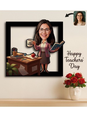 Bk Gift Kişiye Özel Kadın Öğretmen Karikatürlü 3D Ahşap Tablo -8, Öğretmene Hediye, Öğretmenler Günü Hediyesi